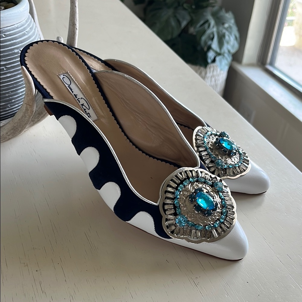 Oscar de la Renta Blue and White Mules with Ornate Embellishments